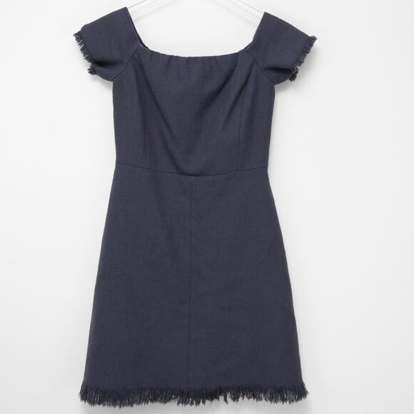 Rebecca Taylor Dress Off The Shoulder Slub Knit Fringe Mini Sheath Blue Size 2 - Picture 2 of 6